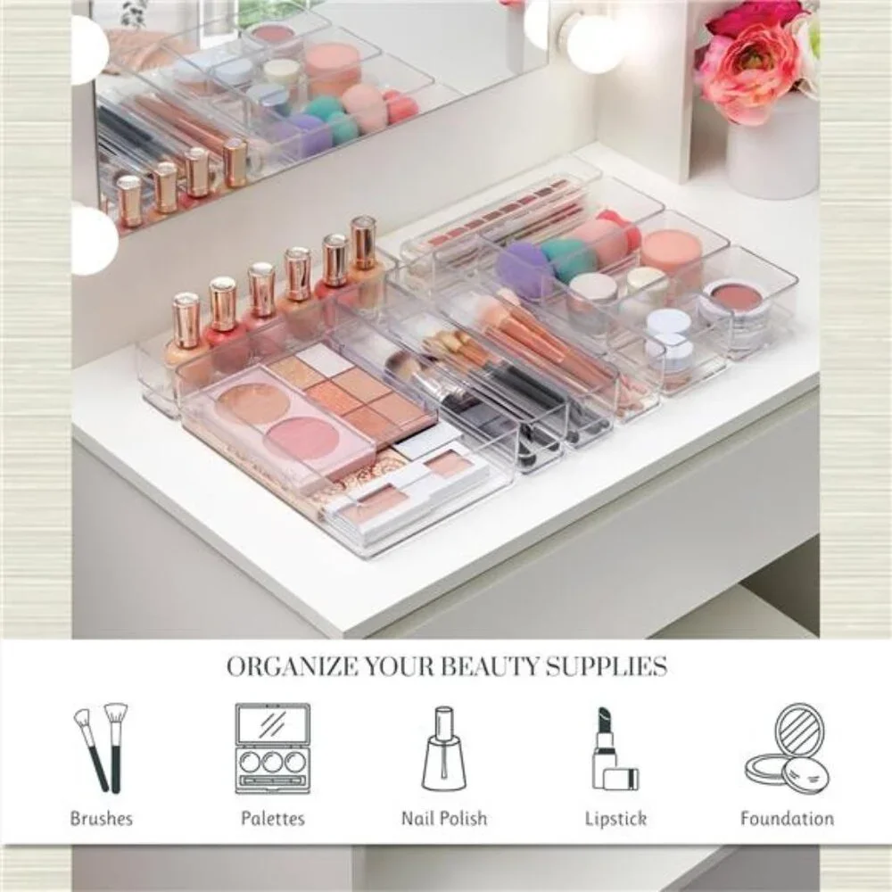 10-Piece Stackable Clear Drawer Organizer Set | Multi-size Trays | Makeup Vanity
